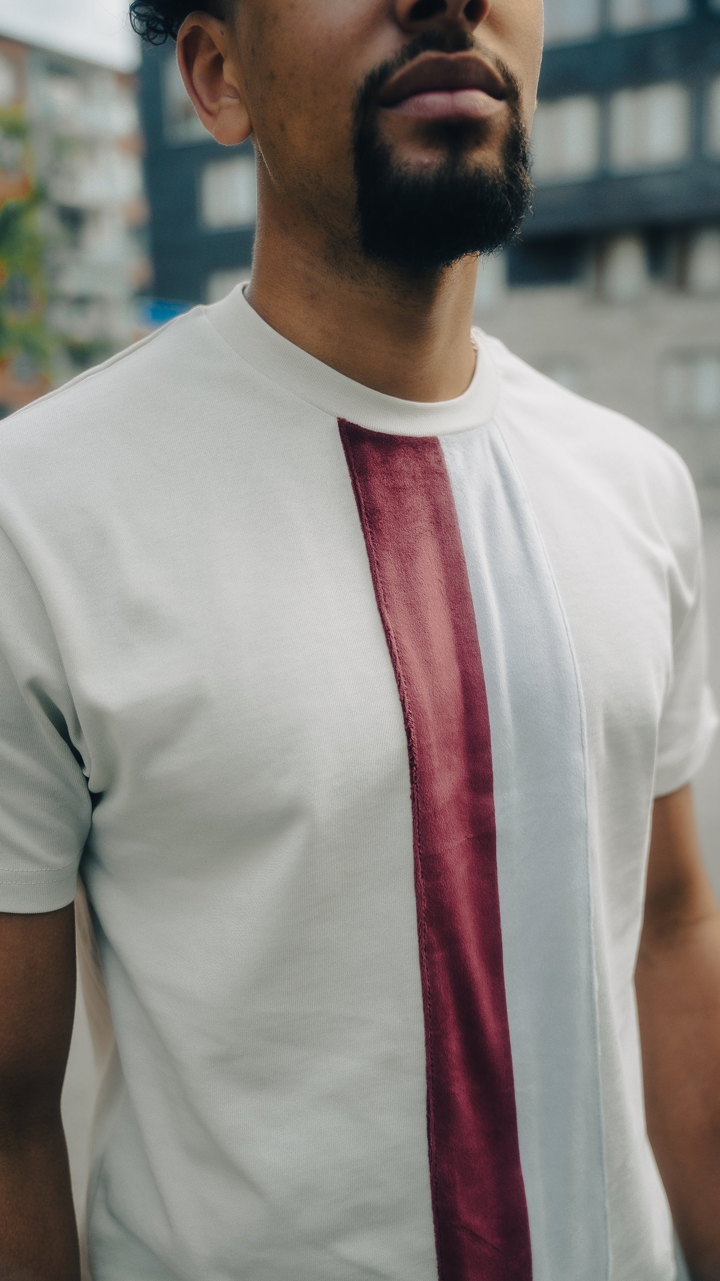 Cream White T-Shirt With Red & Grey